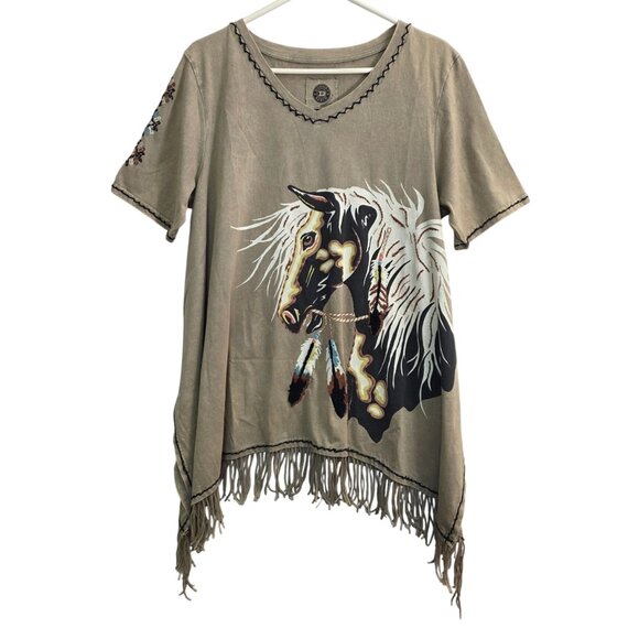 Double D Ranch Horse Fringe Embroidered Feather Brown Top Shirt Extra Large XL - Picture 1 of 9